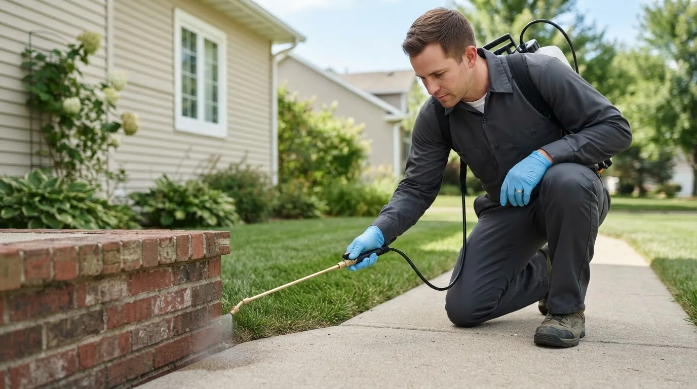 Pest control technician treating a home near Adams, MN