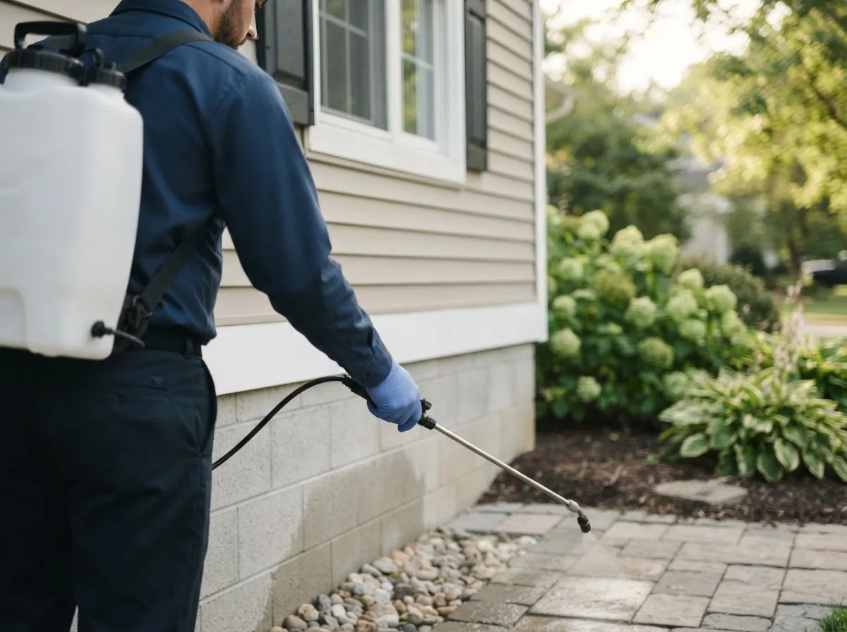 Pest control technician inspecting a home in Adams, MN